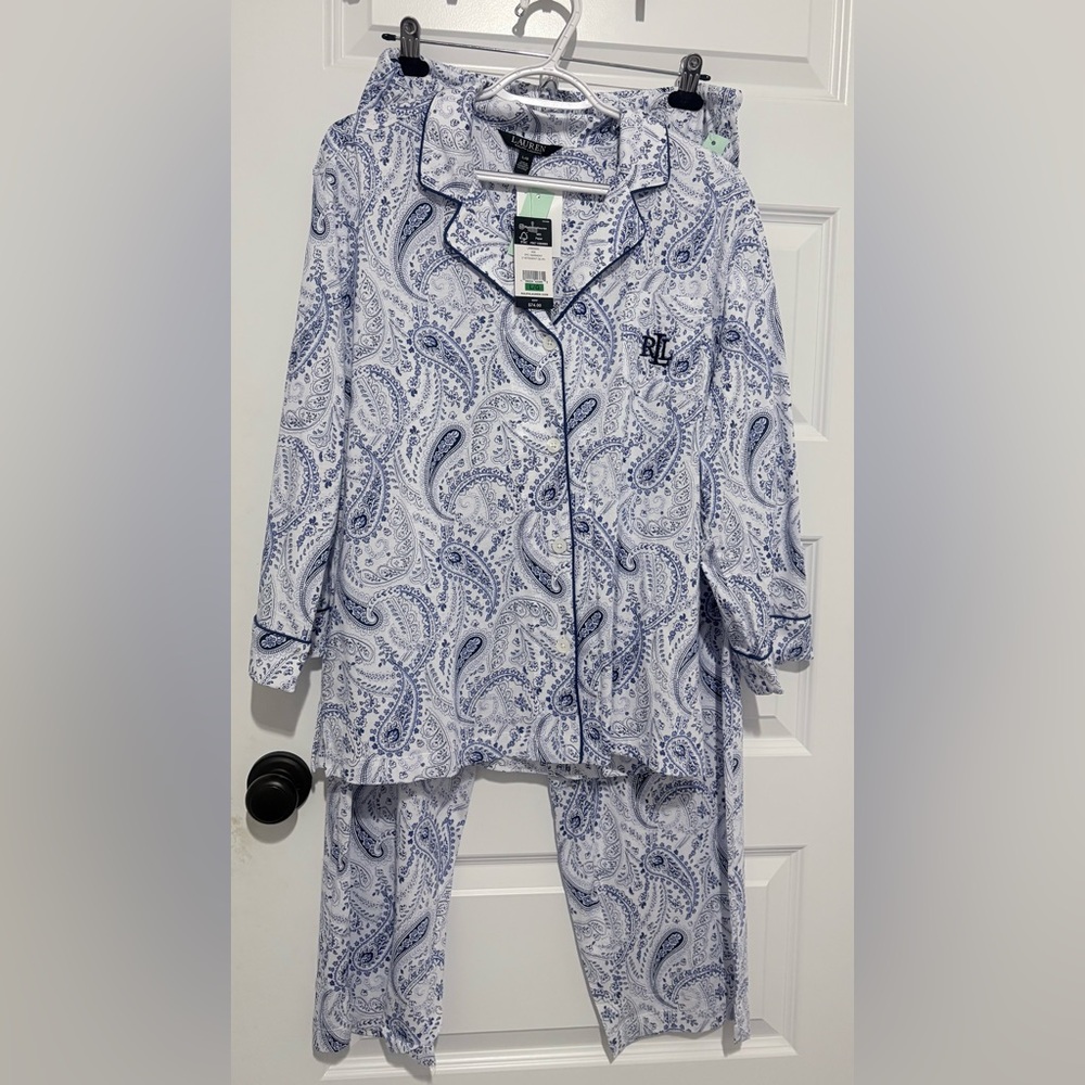 NWT Lauren Ralph Lauren Women’s Blue and White Paisley Pajama Set in Size Large